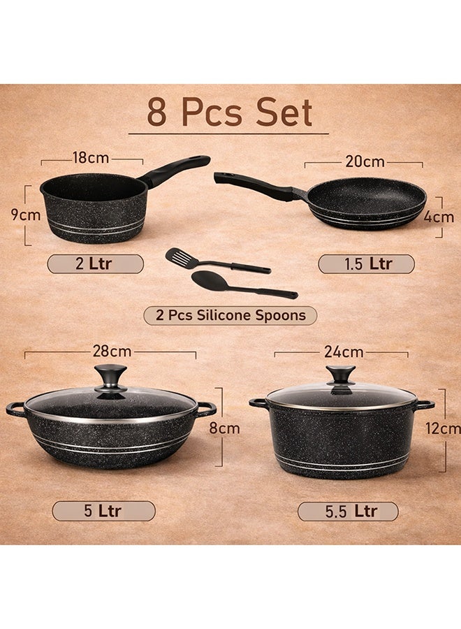 SONEX Marbella Premium Die-Cast Granite Cookware Set, 8-Piece Non-Stick Pots & Pans with Glass Lids, Healthy Low-Oil Cooking, Durable & Easy to Clean, Black - Image 2